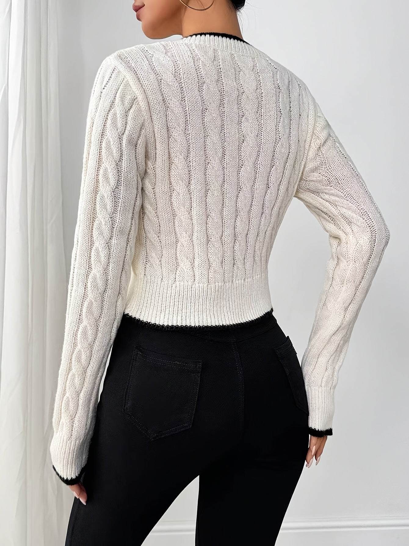 Women's Elegant V-Neck Cropped Long Sleeve Top – Color Block Knit Pullover, Medium Stretch, Machine Washable Spring/Fall Layering Piece